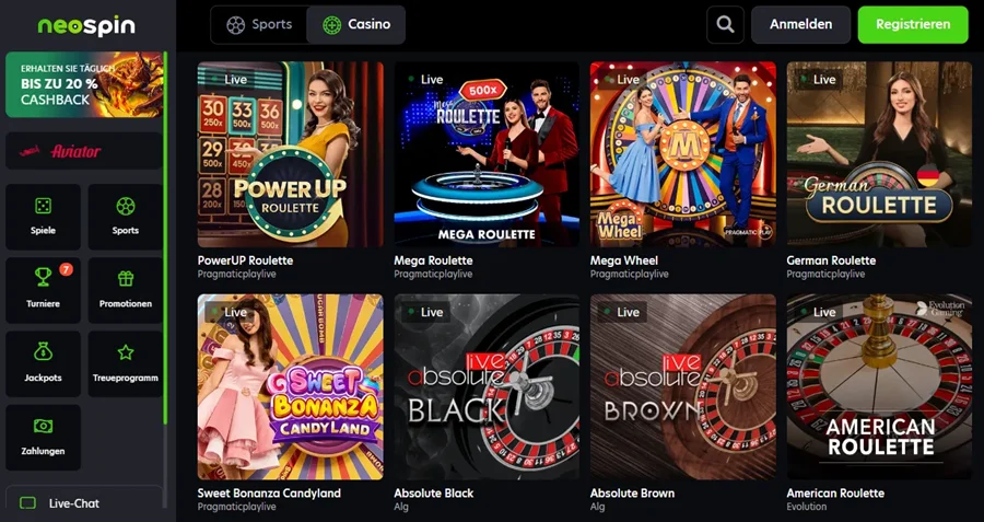 Neospin Live Casino Bereich mit Dealern